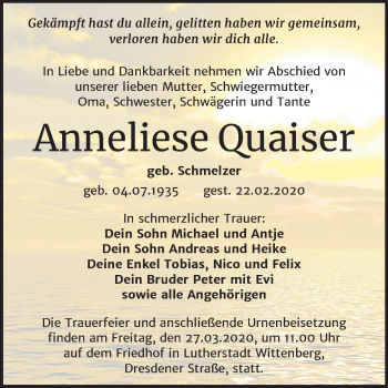 Traueranzeige von Anneliese Quaiser von Mitteldeutsche Zeitung Wittenberg
