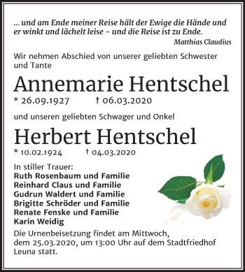 Traueranzeige von Annemarie Hentschel von Mitteldeutsche Zeitung Merseburg/Querfurt