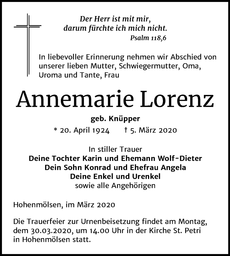  Traueranzeige für Annemarie Lorenz vom 10.03.2020 aus Mitteldeutsche Zeitung Weißenfels