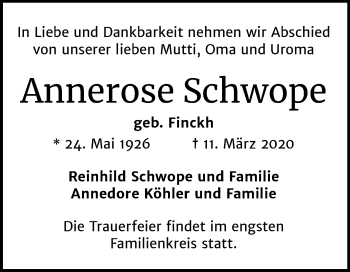 Traueranzeige von Annerose Schwope von Mitteldeutsche Zeitung Halle/Saalkreis