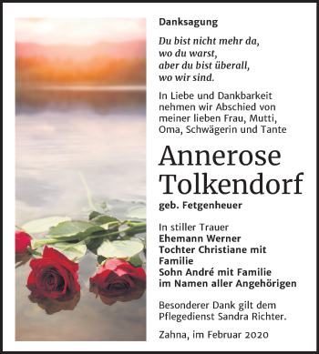 Traueranzeige von Annerose Tolkendorf von Super Sonntag Wittenberg