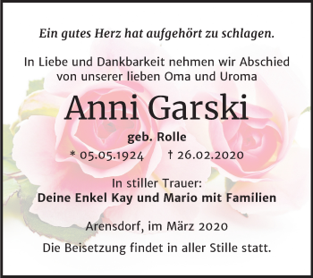 Traueranzeige von Anni Garski von Mitteldeutsche Zeitung Köthen