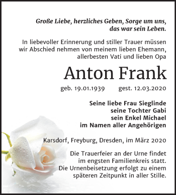 Traueranzeige von Anton Frank von Wochenspiegel Naumburg/Nebra