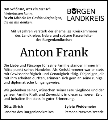 Traueranzeige von Anton Frank von Super Sonntag Naumburg/Nebra