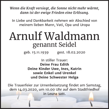 Traueranzeige von Arnulf Waldmann von Mitteldeutsche Zeitung Merseburg/Querfurt