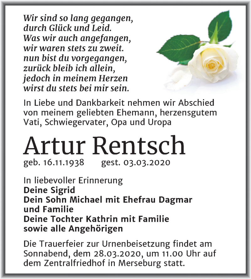  Traueranzeige für Artur Rentsch vom 14.03.2020 aus Super Sonntag Merseburg/Querfurt