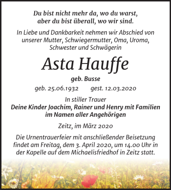 Traueranzeige von Asta Hauffe von Mitteldeutsche Zeitung Zeitz