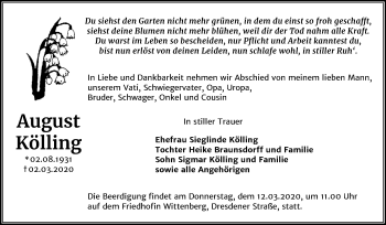 Traueranzeige von August Kölling von Mitteldeutsche Zeitung Wittenberg