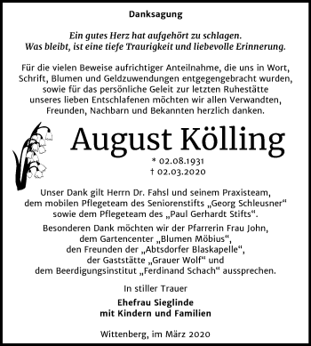 Traueranzeige von August Kölling von Mitteldeutsche Zeitung Wittenberg