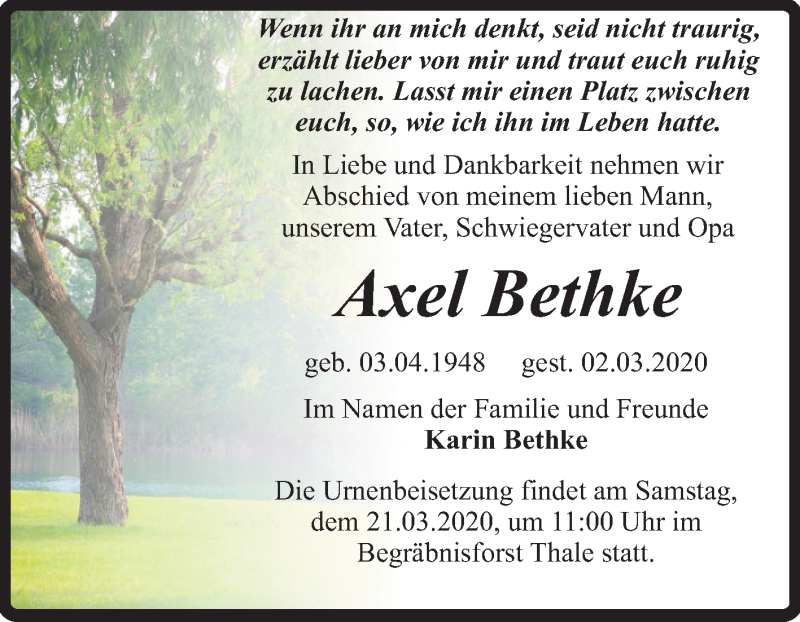  Traueranzeige für Axel Bethke vom 07.03.2020 aus Mitteldeutsche Zeitung Quedlinburg