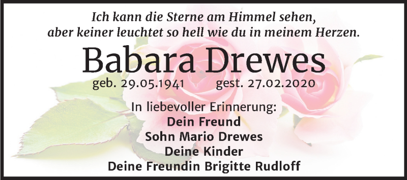  Traueranzeige für Babara Drewes vom 07.03.2020 aus Super Sonntag Quedlinburg