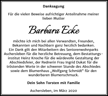 Traueranzeige von Barbara Ecke von Super Sonntag Aschersleben