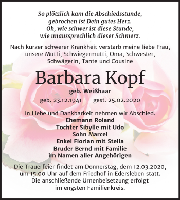 Traueranzeige von Barbara Kopf von Mitteldeutsche Zeitung Sangerhausen