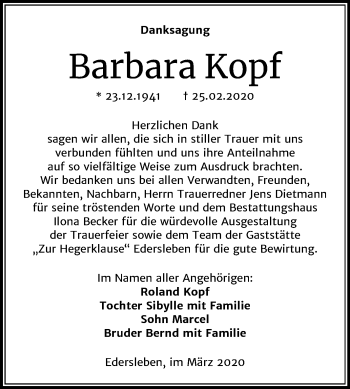 Traueranzeige von Barbara Kopf von Super Sonntag Sangerhausen
