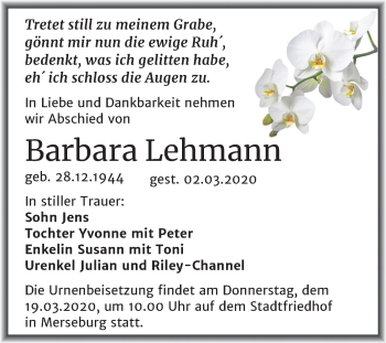 Traueranzeige von Barbara Lehmann von Mitteldeutsche Zeitung Merseburg/Querfurt