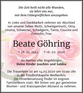 Traueranzeige von Beate Göhring von Wochenspiegel Weißenfels