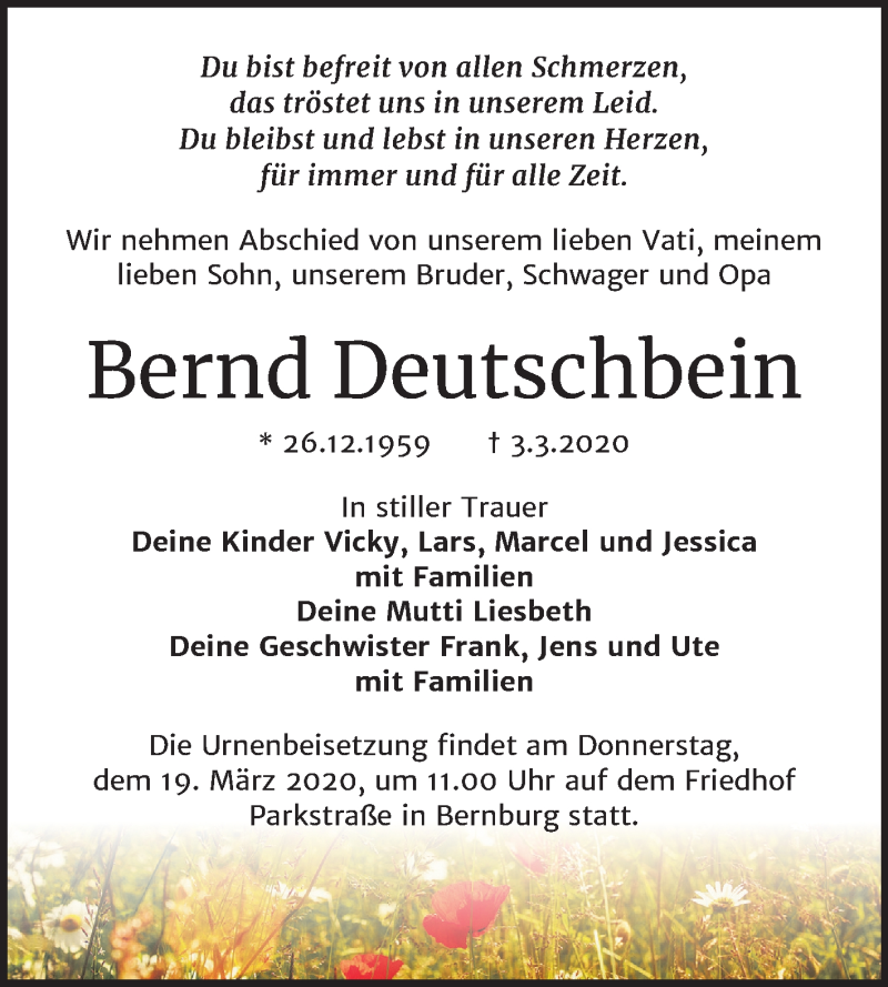  Traueranzeige für Bernd Deutschbein vom 14.03.2020 aus Super Sonntag Bernburg