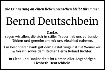 Traueranzeige von Bernd Deutschbein von Mitteldeutsche Zeitung Bernburg