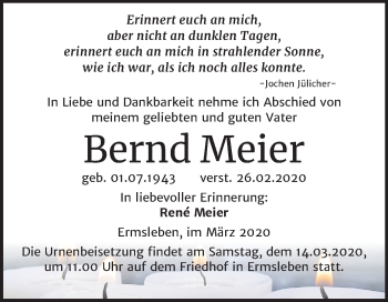 Traueranzeige von Bernd Meier von Super Sonntag Quedlinburg