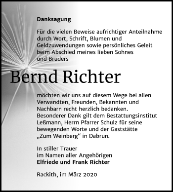 Traueranzeige von Bernd Richter von Mitteldeutsche Zeitung Wittenberg