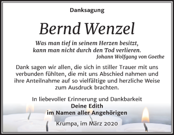 Traueranzeige von Bernd Wenzel von Super Sonntag Merseburg/Querfurt