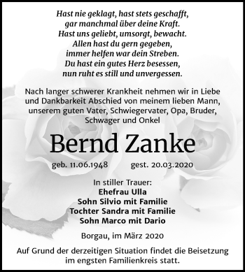 Traueranzeige von Bernd Zanke von Super Sonntag Naumburg/Nebra