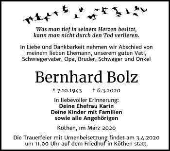 Traueranzeige von Bernhard Bolz von Mitteldeutsche Zeitung Köthen