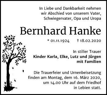 Traueranzeige von Bernhard Hanke von Mitteldeutsche Zeitung Wittenberg