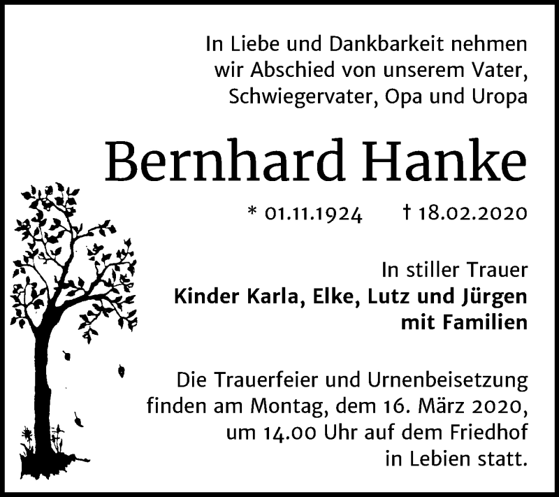  Traueranzeige für Bernhard Hanke vom 07.03.2020 aus Super Sonntag Wittenberg