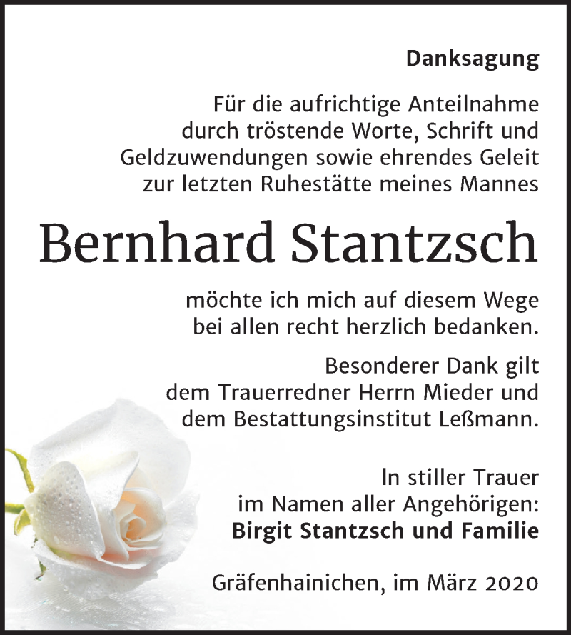  Traueranzeige für Bernhard Stantzsch vom 28.03.2020 aus Super Sonntag Wittenberg