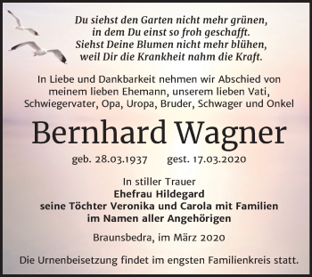 Traueranzeige von Bernhard Wagner von Super Sonntag Merseburg/Querfurt
