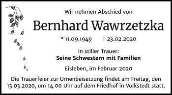 Traueranzeige von Bernhard Wawrzetzka von Mitteldeutsche Zeitung Mansfelder Land