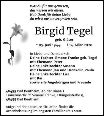 Traueranzeige von Birgid Tegel von Mitteldeutsche Zeitung Mansfelder Land