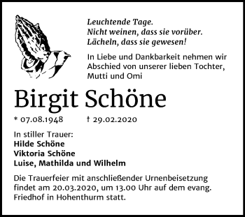 Traueranzeige von Birgit Schöne von Mitteldeutsche Zeitung Halle/Saalkreis