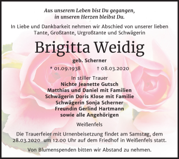 Traueranzeige von Brigitta Weidig von Mitteldeutsche Zeitung Weißenfels