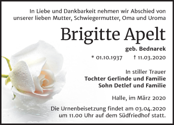 Traueranzeige von Brigitte Apelt von Mitteldeutsche Zeitung Halle/Saalkreis