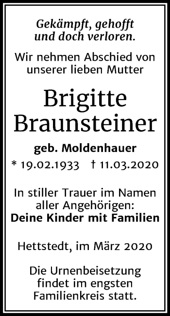 Traueranzeige von Brigitte Braunsteiner von Mitteldeutsche Zeitung Mansfelder Land