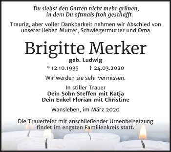 Traueranzeige von Brigitte Merker von Mitteldeutsche Zeitung Mansfelder Land