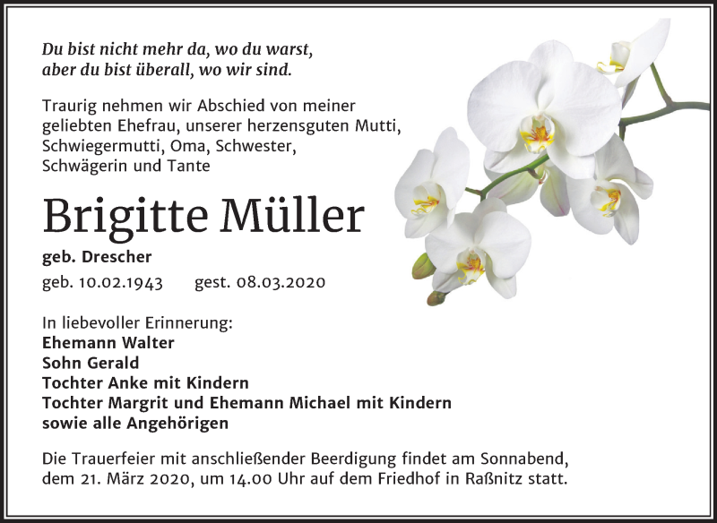  Traueranzeige für Brigitte Müller vom 14.03.2020 aus Mitteldeutsche Zeitung Merseburg/Querfurt