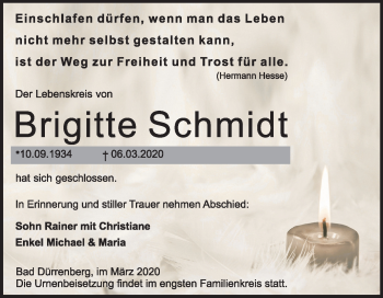 Traueranzeige von Brigitte Schmidt von Mitteldeutsche Zeitung Merseburg/Querfurt