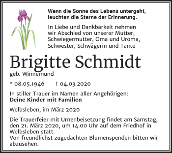 Traueranzeige von Brigitte Schmidt von Mitteldeutsche Zeitung Mansfelder Land