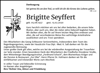 Traueranzeige von Brigitte Seyffert von Mitteldeutsche Zeitung Wittenberg
