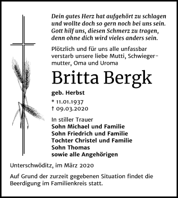 Traueranzeige von Britta Bergk von Super Sonntag Zeitz