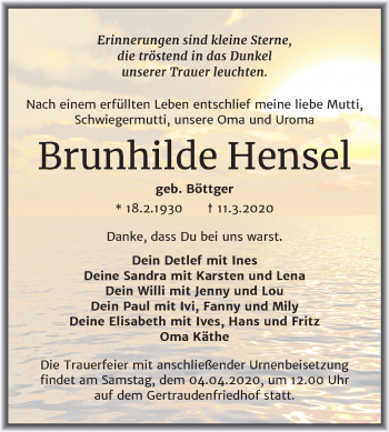 Traueranzeige von Brunhilde Hensel von Mitteldeutsche Zeitung Halle/Saalkreis