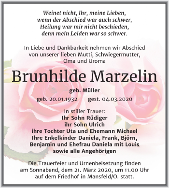 Traueranzeige von Brunhilde Marzelin von Wochenspiegel Mansfelder Land