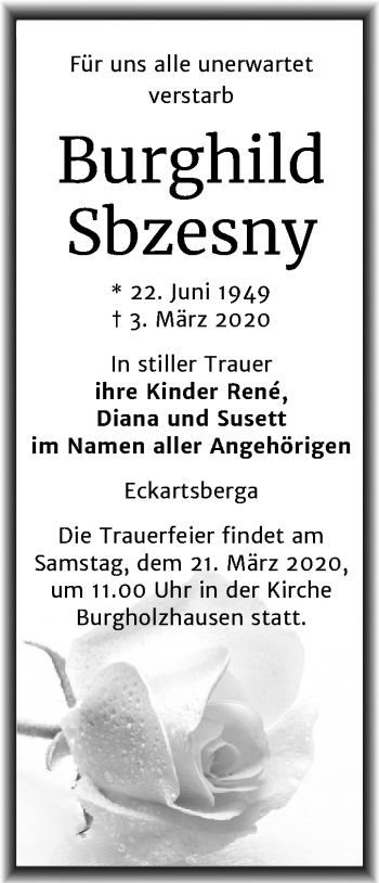 Traueranzeige von Burghild Sbzesny von Wochenspiegel Naumburg/Nebra