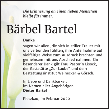 Traueranzeige von Bärbel Bartel von Mitteldeutsche Zeitung Bernburg