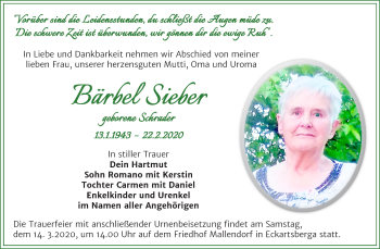 Traueranzeige von Bärbel Sieber von Wochenspiegel Naumburg/Nebra