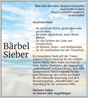Traueranzeige von Bärbel Sieber von Super Sonntag Naumburg/Nebra