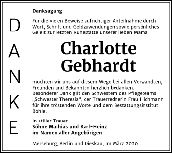 Traueranzeige von Charlotte Gebhardt von Super Sonntag Merseburg/Querfurt